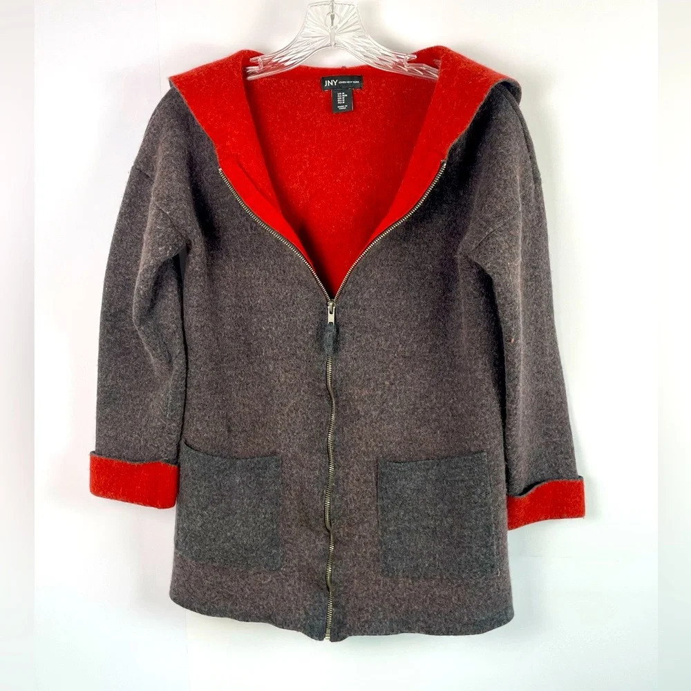 Jones New York Marino Wool Blend Zip Up Cardigan Pockets Red Gray Sz Medium